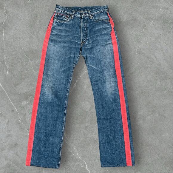 Kapital Red Stripe Blue Denim Jeans 28” x 31” Made in Japan Americana Button Fly - Picture 1 of 14
